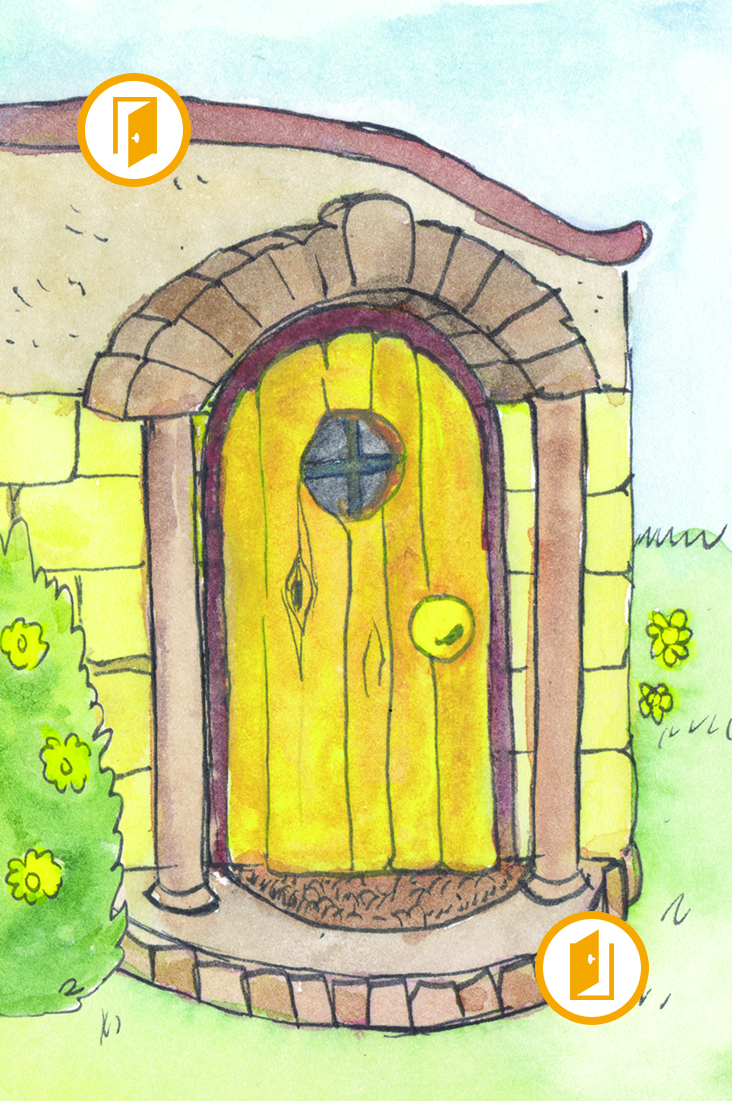 A yellow cottage door card